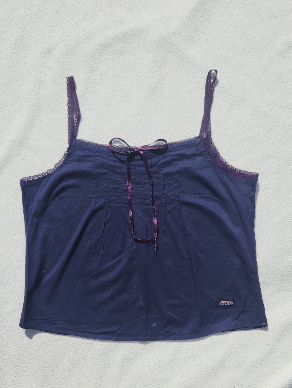 ​Vintage Y2K Roxy Jean Cotton Cami Tank Top - Navy Lace Trim (Size L)